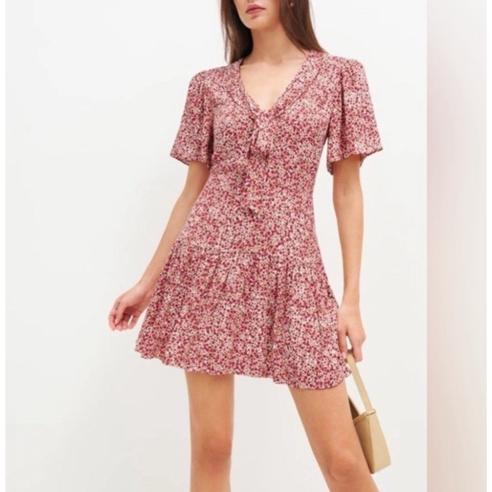 NWT Reformation Adelina Floral Print Mini Dress Size:10 Short Sleeves